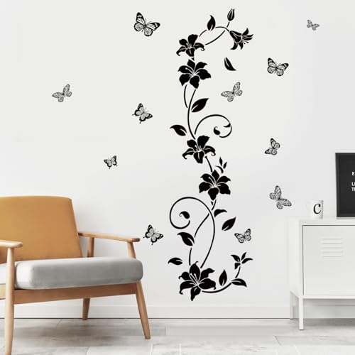 SHUCHING Black Flower Vine Butterfly Wall Decals Peel and Stick, Vinyl Simplicity Floral Wall Sticker, Wall Decor Art Home Decoration for Bedroom Living Room Office
