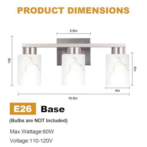 3-Light Bathroom Light Fixtures, Modern Vanity Lights, Brushed Nickel Metal Wall Lamp with White Marble Glass for Bathroom, Mirror, Living Room, Bedroom, Cabinet, Porch, Hallway, E26 Base
