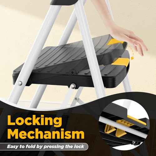 3 Step Ladder, Folding Steel Step Stool with Safety Lock, Anti-Slip Wide Pedals, Pass 800lbs Load Testing, Handrail, Heavy Duty Portable Ladder for Multi-Purpose, Indoor, Office, Kitchen