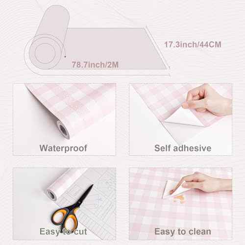 Cohoo Home Pink Plaid Peel and Stick Wallpaper Boho Plaid Contact Paper for Cabinets Pink Checkered Geinham Contact Paper Self Adhesive Removable Wallpaper Bathroom Nursery Waterproof 17.3inW 591inL