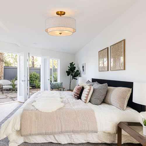 3-Light Semi Flush Mount Ceiling Light Fixture, 16" Gold Drum Light Fixture, Modern Close to Ceiling Light with 2-Laye Fabric Shade Lamps for Bedroom Living Dining Room Hallway Entryway Foyer