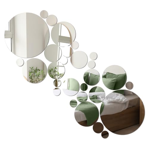32 Pcs Acrylic Mirror Wall Stickers, Removable Wall Decal Mirror Set, Bathroom Wall Sticker Art, Circle Ceiling Mirrors for Bedroom, Home, Living Room, Sofa TV Background Decor (Medium)