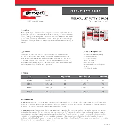 RectorSeal Metacaulk Firestop Putty Pad 66335, Easy Installation, Firestop, 7"X7"