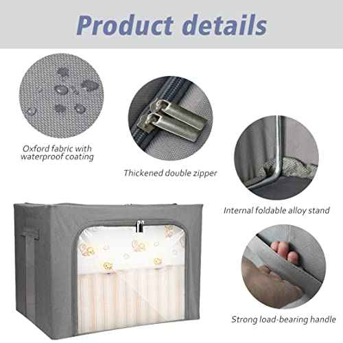 Stackable Clothes Storage Box for Clothing Gadgets,Steel Frame Storage Bins for Toys Gift,Foldable Oxford Fabric Closet Organizer Bag Set with Carry Handles Clear Window (Large- 66L x3 Pack, Grey)