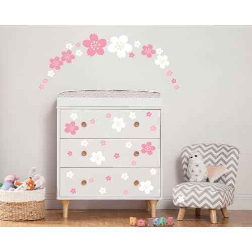 FLFK 55 Pcs Cherry Blossoms Wall Decals Peel and Stick Flower Wall Stickers for Nursery Living Room Bedroom Girls Room Home Decor