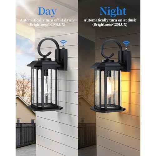 16.8'' Large Dusk to Dawn Outdoor Wall Lights, Black Exterior Lighting Fixtures Wall Sconce with Seeded Glass, Waterproof Front Porch Light Outside Wall Lantern for House Patio Garage, 1Pack