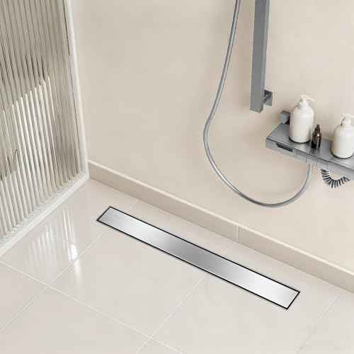 Linear Shower Drain, 24 Inch Brushed Nickel 304 Stainless Steel Shower Drain with Tile Insert Panels, Long Rectangle Shower Floor Drain with Adjustable Feet, Hair Catcher, Fits Bathroom, Balcony