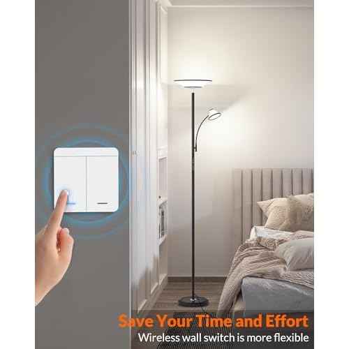 LEPOWER-TEC Bright Floor Lamp, Standing Lamp with Remote & Wall Switch, 60 Lighting Effects, Adjustable Torchiere Corner Light for Living Room, Bedroom, Office. Perfect for Reading & Ambiance
