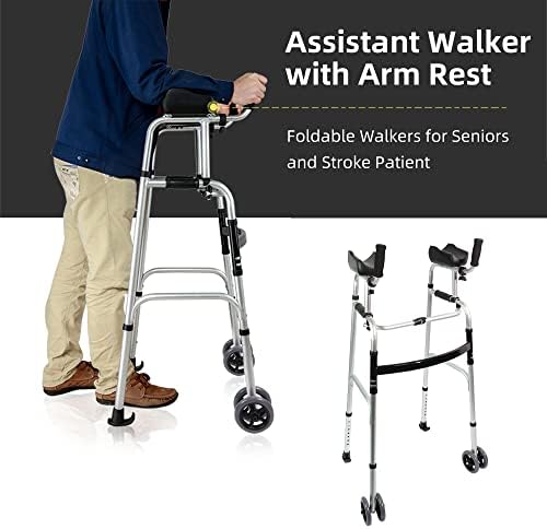 Dual-Wheel Stand Up Walker with Armrest Pad - Aluminum Standard Walker with Small Bag, Fadable Walkers for Seniors, Elderly, Platform Walker with Arm Support, Standing Upright Walkers, Silver