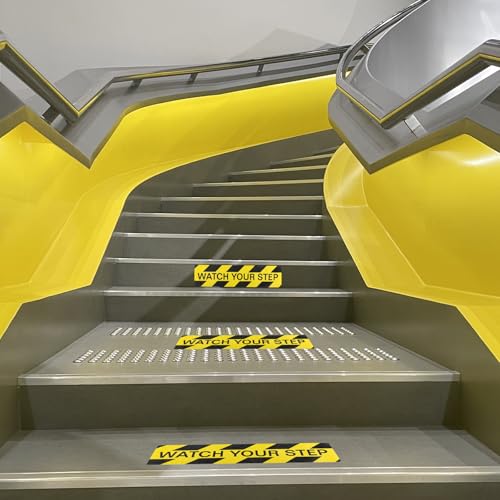 4 PCS Watch Your Step Floor Decals Stickers 5.9 x 23.6 Inch, Self Adhesive Anti Slip Watch Your Step Sign, Warning Sticker Adhesive Tape for Workplace Safety Wet Floor Cautio