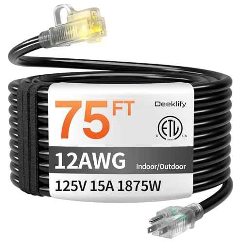 12AWG 75 FT Heavy Duty Outdoor Extension Cord Waterproof with Lighted End,Black 12 Gauge Extension Cord Flexible and Cold Resistant 3 Prong Grounded Plug,15Amp 1875W SJTW ETL Listed