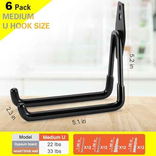 6 Pack Garage Hooks Heavy Duty Storage Organizer Wall Mount Power and Garden Tool Hangers, for Hanging Ladders, Ropes, Hose, Bulk Items
