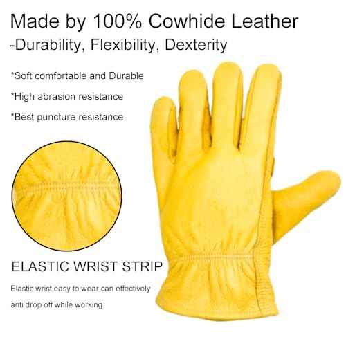 3 Pairs Leather Work Gloves for Men, Durable Gardening Gloves, Cowhide Work Gloves for Driver, DIY, Construction