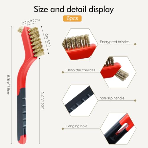 Wire Brush Set for Cleaning Rust, 7 Inch Stainless Steel/ Brass/ Nylon Brush for Cleaning Welding Slag, Paint and Dirt Removal (3 Pcs Red + 3 Pcs Blue, 7 Inch)