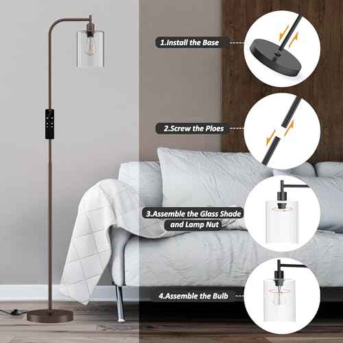 Industrial Floor Lamp with Glass Shade, Modern Dimmable Floor lamp with Remote LED Bulbs, Tall Lamp for Living Room Corner, Bedroom, Office (Bronze)