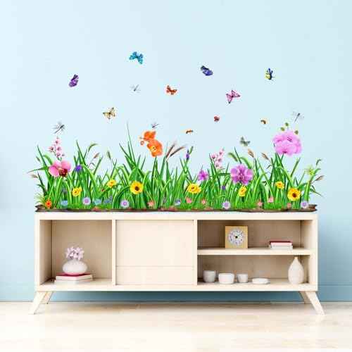Green Grass Wall Corner Decals - Flowers Butterflies Baseboard Skirting Line Wall Stickers - Living Room Office Bedroom Sofa TV Background Home Wall Decor