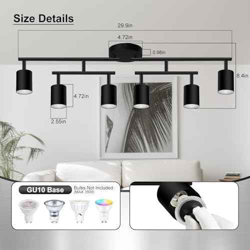 6 Light Track Lighting Fixtures Ceiling, Matte Black Kichen Track Lighting Fixtures with Rotatable Light Heads, Upgrade Light Poles, Modern LED Sopt Lights for Kitchen/Hallway, No GU10 Bulb