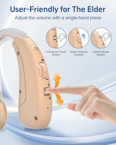 Hearing Aids for Seniors, Rechargeable Hearing Amplifiers for Seniors with Noise Cancelling, Delmicure Hearing Amplifiers for Adults with Adjustable Volume& Charging Base, Beige