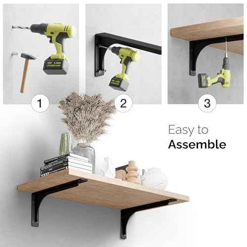 BATODA 16¡± Shelf Brackets with Beam (4pcs) - L Shelf Brackets Black - Hook Brackets for Floating Shelves - Wall Mounted Support for DIY Open Shelving ? Mounting Hardware Included (Pack 4) (4, 16 Inch)