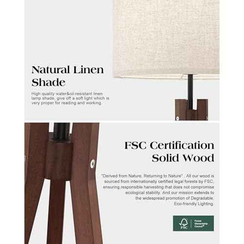 ELYONA Wood Tripod Floor Lamp, Mid Century Reading Standing Lamp with 3 Color Temperatures & Linen Shade, Modern Night Light for Bedroom, Farmhouse, Living Room, Office, 9W LED Bulb Included, Brown