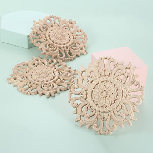 MUXSAM Wood Carved Appliques Decorative Onlays, Round Wood Carving Craft Decals for Door Wall Ceiling Cabinet Dresser Wardrobe Mantels Closet Doll Bed Retrofit Project(2-Pack, 10cm/3.9")