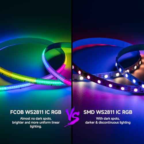 BTF-LIGHTING FCOB IP66 WS2811 IC RGB COB LED Strip 864LED/m Flexible High Density Color Chasing Uniform Light DC24V 24FT 24IC/m 12mm Width for DIY Lighting Projects(No Adapter or Controller)