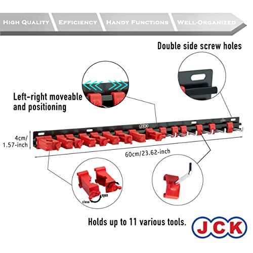 JCK Professional Multi-Purpose Gardening Tool Organizer, Adjustable Red Clips Black Aluminum Rack, Garden Tool Organizer Wall Mount Garage Organizers and Storage with Hooks Tool Hangers for Shed