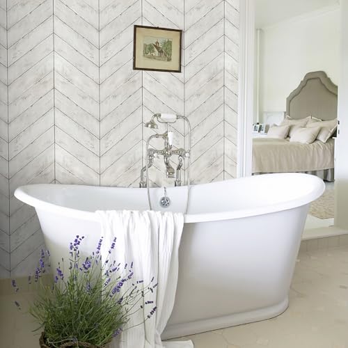 CiCiwind Wallpaper Peel and Stick White Grey Wood Wallpaper Distressed Wood Textured Contact Paper Herringbone Self Adhesive Removable Wallpaper for Bathroom Cabinets Decor 78.7"¡¿16.8"