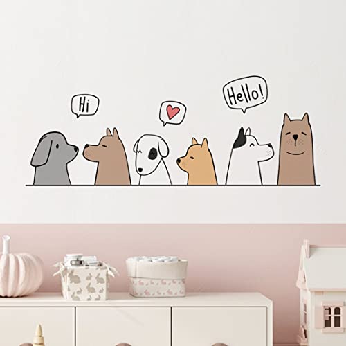 Dogs 'Say Hi' Cartoon Wall Decals, Multicolor, Polyethylene Terephthalate, Reusable, Rectangular, Indoor, 11.8in x 23.6in