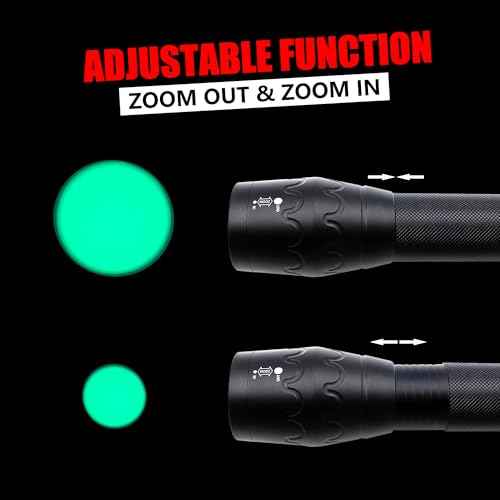 Green Light Flashlight Single Mode Adjustable Focus LED Torch for Night Hog Hunting, Fishing, Night Observation, 2 Pack