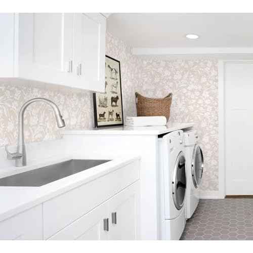 LiKiLiKi Peel and Stick Wall Paper Khaki and White Floral Wallpaper Modern Boho Self Adhesive Waterproof Removable Contact Paper for Living Room Bedroom Bathroom Cabines Kitchen Vinyl Roll 17.3"x118"
