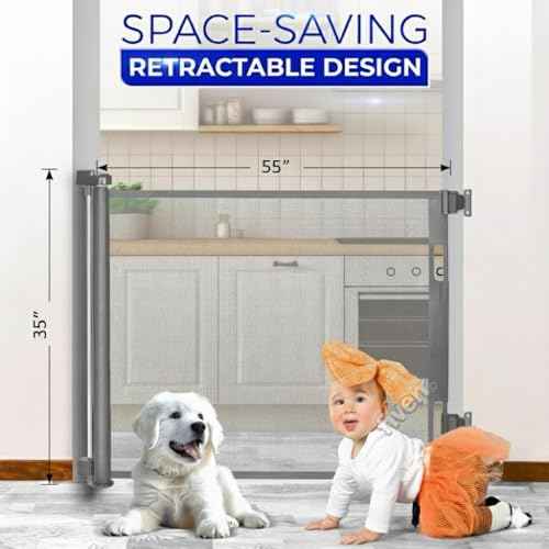 Retractable Baby Gate ? 35" Tall, 55" Wide Mesh Safety Gate for Dogs & Babies, Indoor/Outdoor Use for Stairs, Doorways, Hallways, Deck & Porch ? Easy One-Handed Wall Mount Design