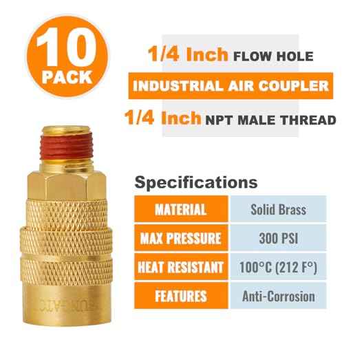SUNGATOR 1/4'' Air Hose Fittings, 10-Pack Brass 1/4 Inch NTP Male Industrial Couplers, 1/4'' Air Line Quick Connect Fittings, Compressor Hose Repair Accessories Kit, 1/4'' Male NTP Couplers