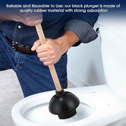 Dandat 6 Pcs Rubber Toilet Plunger with Double Thrust Force Suction Cup Long Wooden Handle Toilet Bowl Plunger Heavy Duty Pump Clogged Solution for Bathroom Stores Restaurants, Black