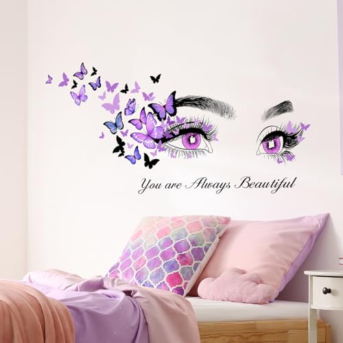 Beautiful Eyelash Eyes Wall Stickers, Purple Flying Butterfly Peel and Stick Wall Decals, Bedroom Living Room Sofa TV Background Art Wall Decor