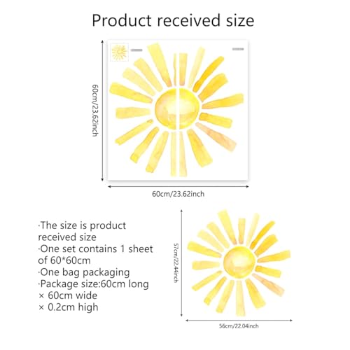 Cumule Boho Watercolor Sun Wall Decals, 22.44x22.04 Inch, Yellow, PVC, Indoor, Nursery Wall Stickers, Rectangular, Cartoon, Sun-1, 2 Pack
