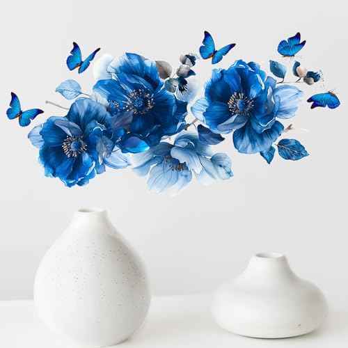 Blue Flower Wall Decals Peel and Stick Peony Floral Wall Sticker Decor Removable Peonies Bouquet Wall Murals with Butterflies for Girls Bedroom Living Room Bathroom Hallway Door Office Kids Nursery
