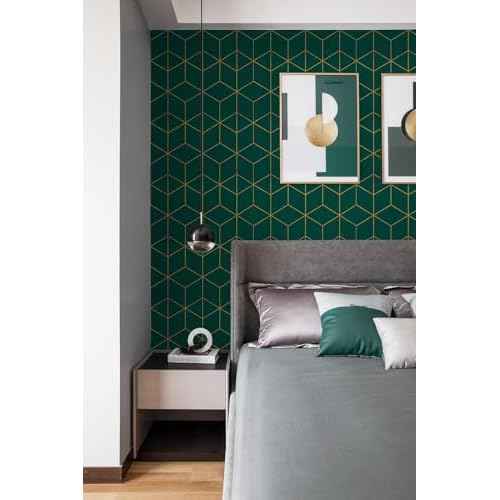 Safiyya Peel and Stick Wallpaper Gold and Dark Green Wall Paper Geometric Contact Paper Self Adhesive Removable Wallpaper for Walls Vinyl Roll 118"x17.3"