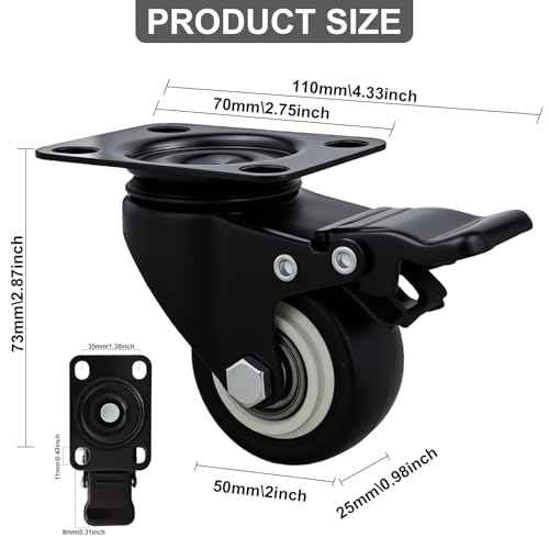 2 Inch Caster Wheels Set of 24 Heavy Duty Casters,with Brake,No Noise Locking Polyurethane (PU) Wheels, for Furniture and Workbench Load 800lbs