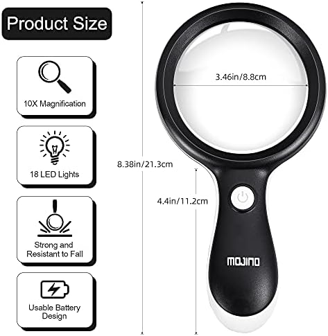 10X Lighted Large Handheld Reading Magnifier Glasses with 18 LED Lights for Macular Degeneration, Seniors & Kids Reading, Inspection, Coins, Jewelry, Exploring
