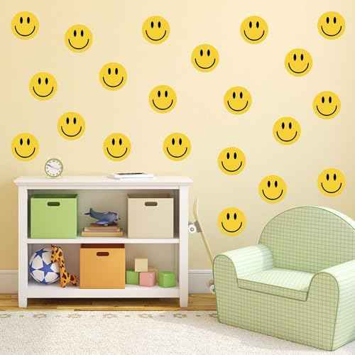 9 Sheets Preppy Smile Wall Stickers Yellow Happy Face PVC Decorative Wall Decals Mural Vinyl Self-Adhesive Wall Decor for Home Classroom Nursery Party Supplies, 7.9 x 11.8 Inch