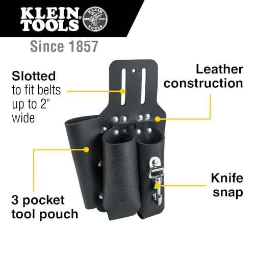 Klein Tools S5118PRS Leather Tool Holder with 3 Pockets for Pliers, Folding Rule, Screwdriver and Knife Snap, Fits Belts up to 2-Inch Wide