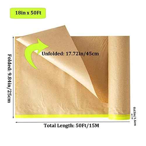 AZH Pre-Taped Masking Paper 18in x 50Ft Masking Paper with Adhesive for Painting, Tape and Drape Paint Adhesive Protective Paper Roll for Automotive Furniture Wall Protection