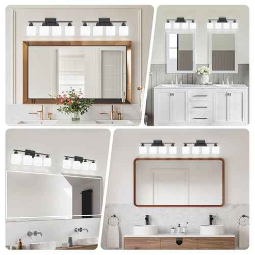 4-Light Black Bathroom Vanity Light, Light Fixtures with Milky White Frosted Glass Shades, Black Vanity Light for Bathroom Mirror, Bedroom, Living Room, Vanity Table, E26 Base