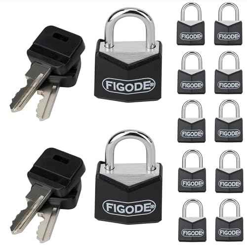 FIGODE¢ç Small and Light Padlock with Big Keys, Black Covered Aluminum Lock, 3/4 Inch Wide, Luggage Padlocks for Suitcase, Backpack, Boxes, Laptop Bag, 12 Locks with 24 Same Keys