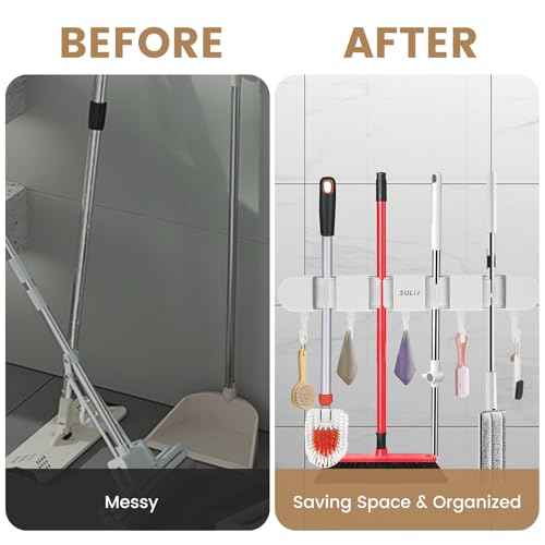 6PCS 4 Racks and 5 Hook Broom Mop Holder with Hooks Wall Mounted Broom Storage Rack No Drilling Self-Adhesive Mop Broom Organizer Mop Holder Hanger for Bathroom Office Kitchen Closet Garage,White