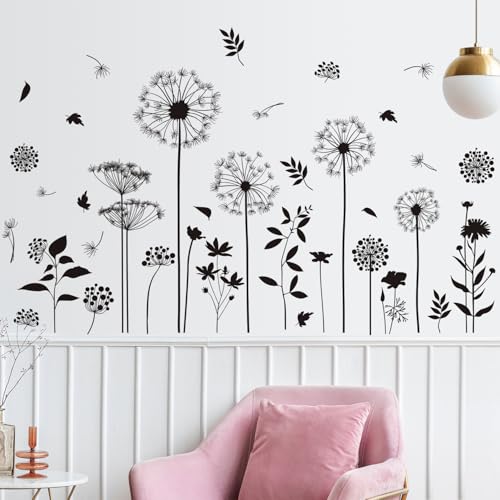 Black Flower Wall Decals Peel and Stick Simple Boho Flower Wall Sticker Wildflower Plants Dandelion Wall Decor Removable Vinyl Wall Mural for Girl Room Bedroom Living Room Home FX-C413