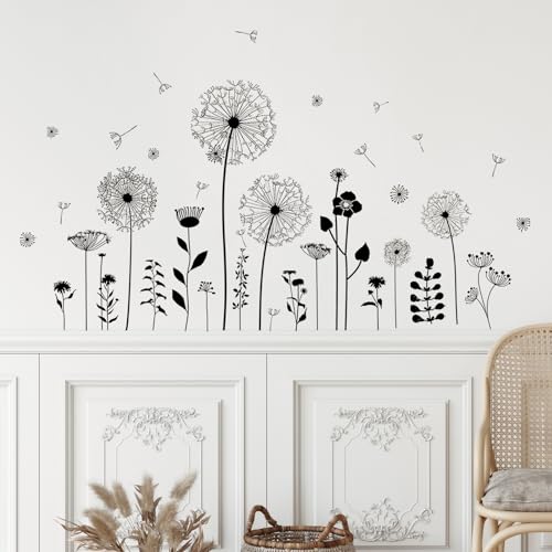 Supzone Black Dandelion Wall Stickers Attractive Flying Flower Butterfly Wall Decals Peel and Stick Creative Self Adhesive Wall Art Sticker for Bedroom Living Room Office Sofa Wall Decor