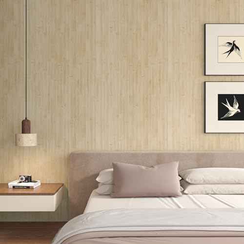 CHIHUT Light Beige Bamboo Wood Grain Peel and Stick Wallpaper Self Adhesive Removable Wood Grain Contact Paper for Cabinets Walls Nature Wood Look Wallpaper for Kitchen Countertops 12''x100''