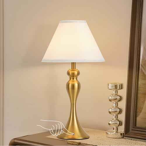 Cordless Bedside Lamp for Living Room, Table Lamp for Bedroom, 3-Way Dimmable Nightstand Lamp with Fabric Shade, Rechargeable Touch Led Desk Lamp Battery Operated Lamp for Dorm, Home Office (Brass)